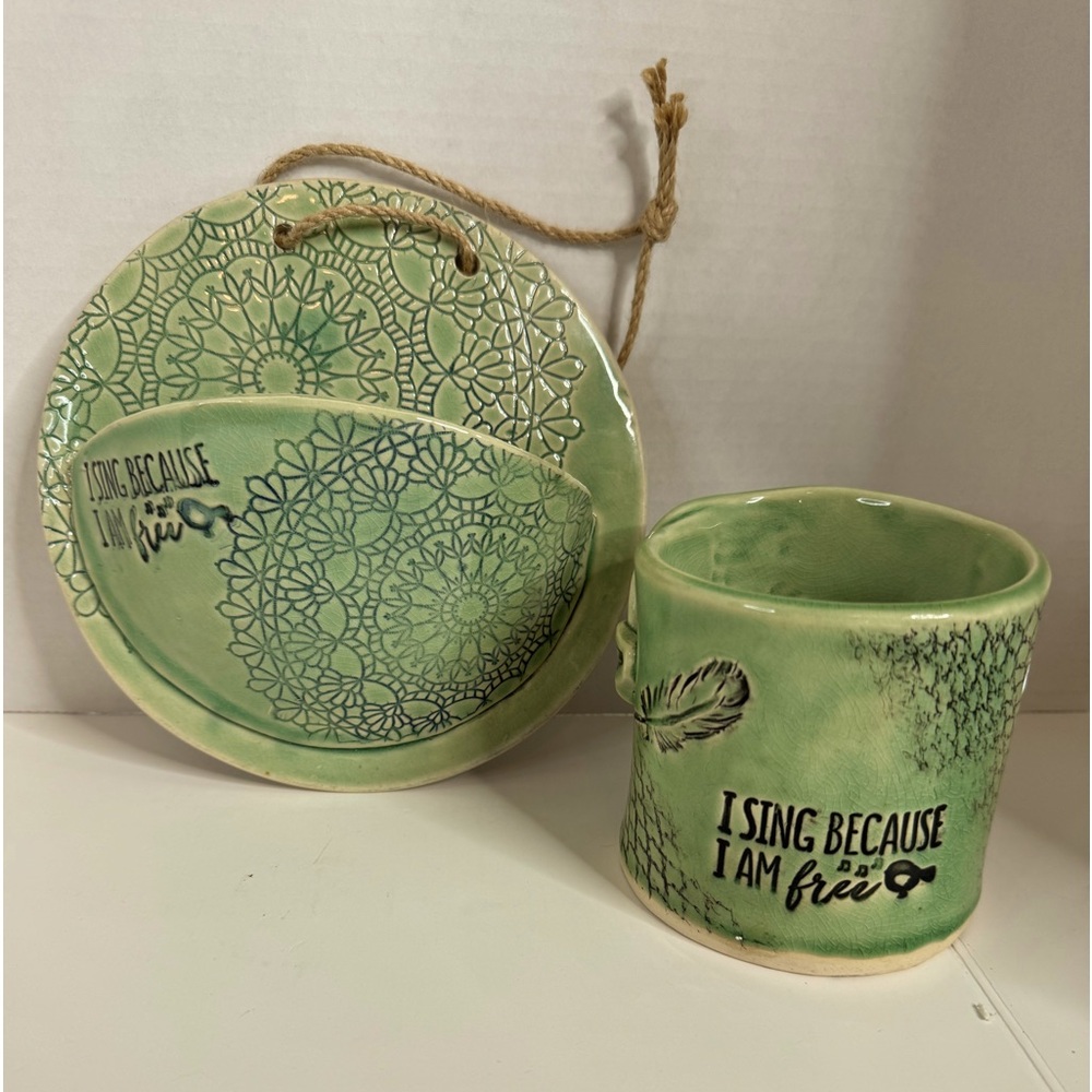 “I Sing Because I Am Free” Clay Wall Pocket and Cup Pen Holder. (4-N) - Picture 1 of 6